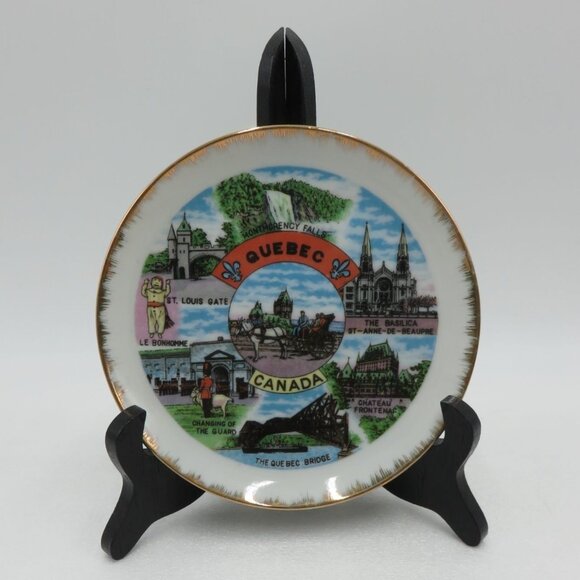QUEBEC Canada Souvenir Plate Gold Rim and Scenic Landmarks Design Vintage - Picture 2 of 10